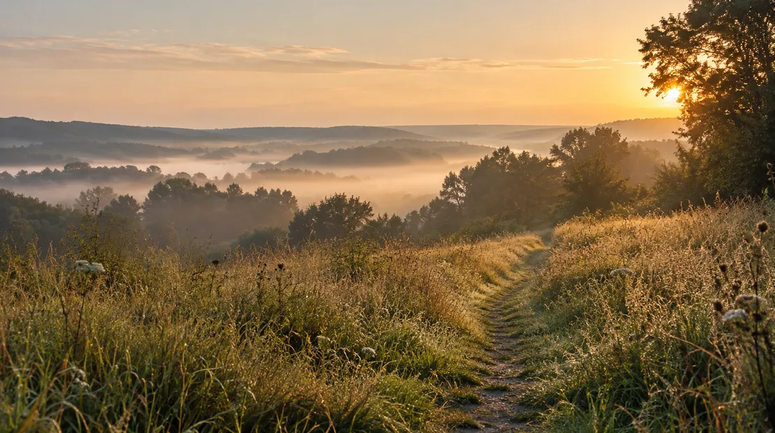 Warm dawn light across a quiet path